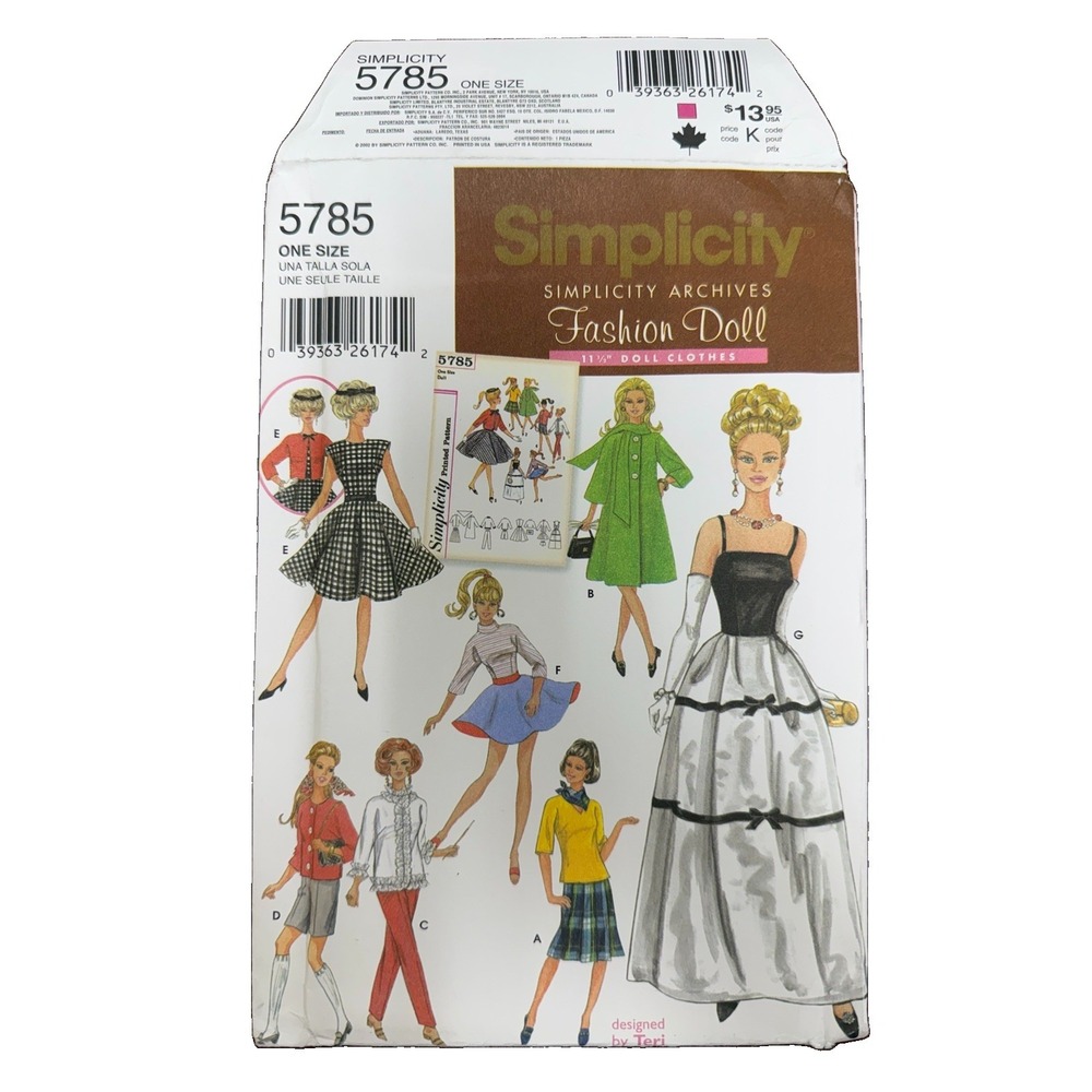 Simplicity 5785 Archives 11.5” Fashion Doll Clothes Pattern UNCUT Vintage Style